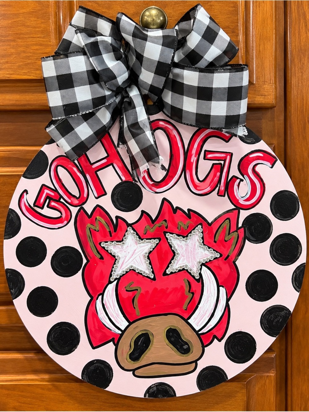 Pink Polka Dot 'Go Hogs' Decorative Door Hanger with Black Buffalo Check Bow